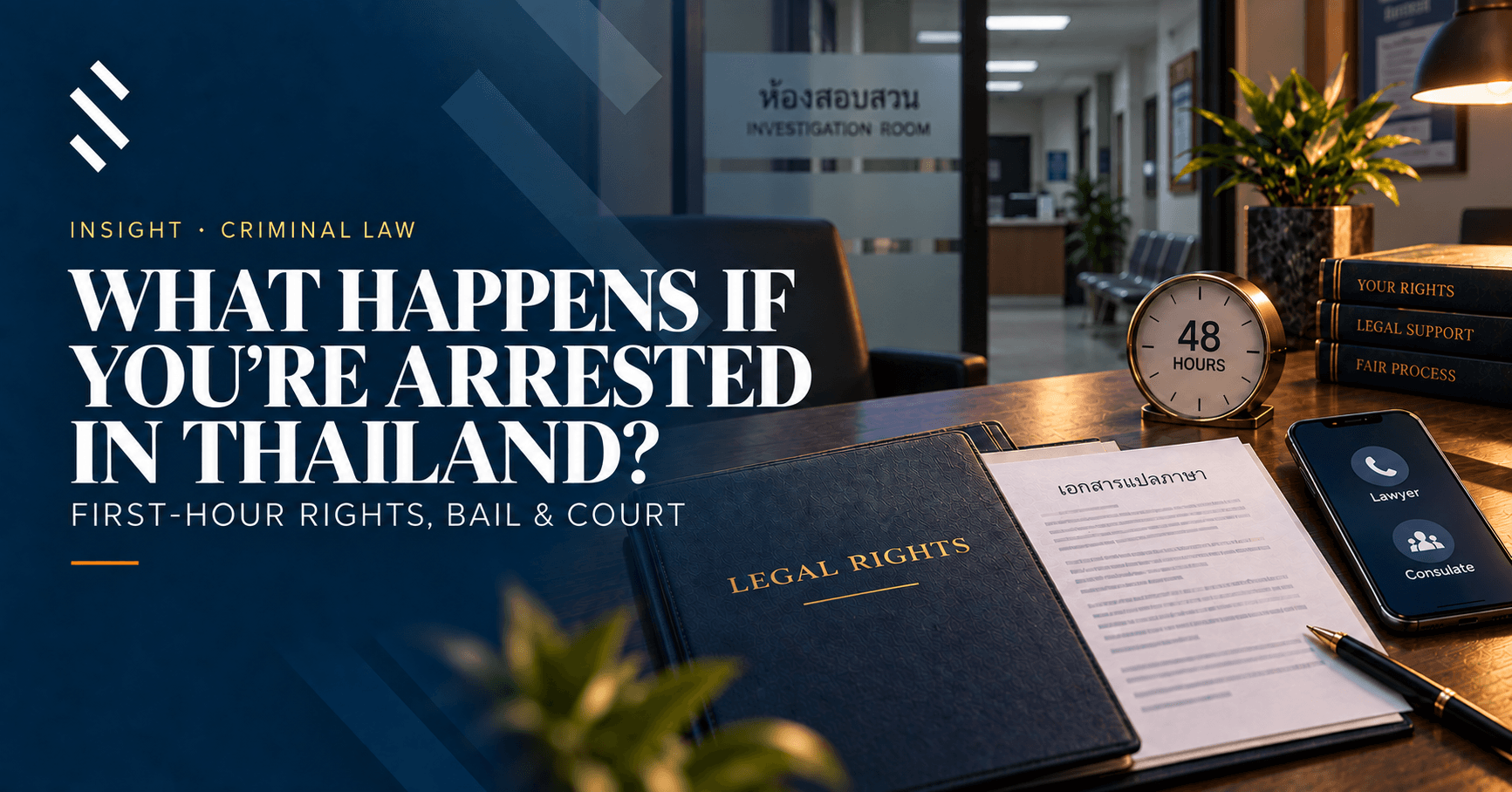 Legal rights file, translated document, and 48-hour clock in a Phuket consultation room