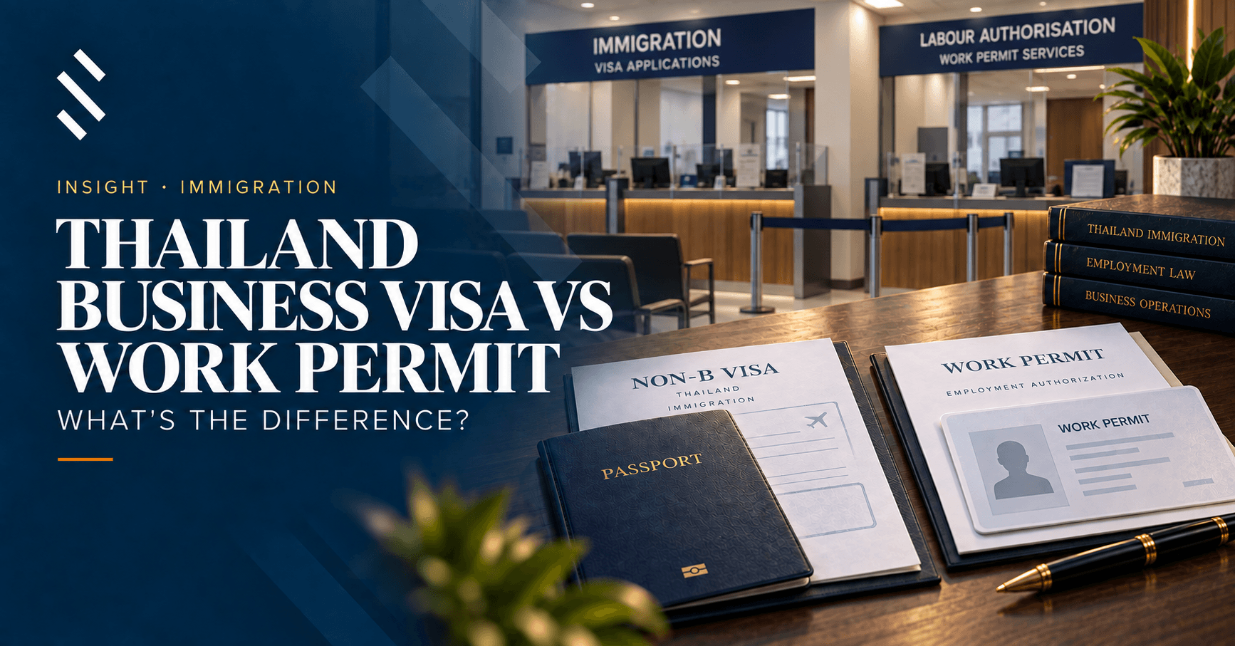 Non-B visa and work permit documents arranged side by side in a Phuket office